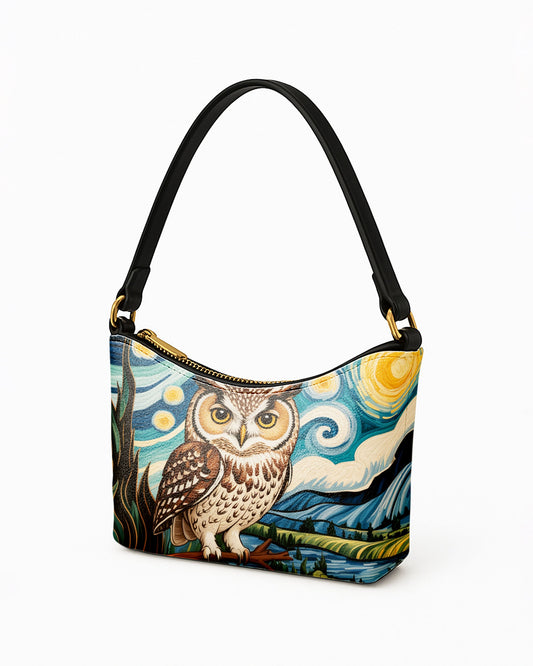 RE:LEATHER Leather Baguette Bag Underarm Shoulder Bag in Starry Night Owl Wildlife 3