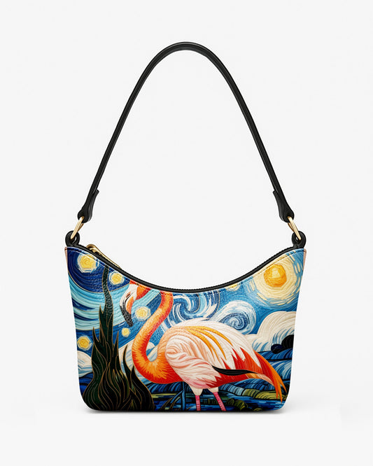 RE:LEATHER Leather Baguette Bag Underarm Shoulder Bag in Starry Night with Flamingo 01