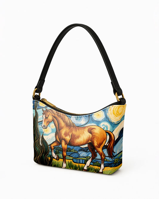 RE:LEATHER Leather Baguette Bag Underarm Shoulder Bag in Starry Night with Horse 01