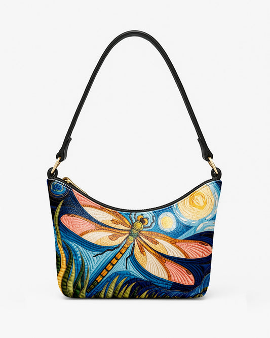 RE:LEATHER Leather Baguette Bag Underarm Shoulder Bag in Starry Night with Colorful Dragonfly