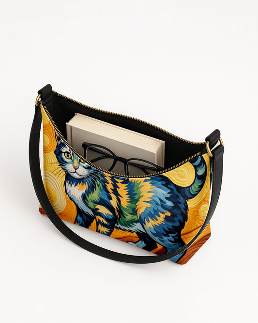 RE:LEATHER Leather Baguette Bag Underarm Shoulder Bag in Starry Night With Colorful Cat 08