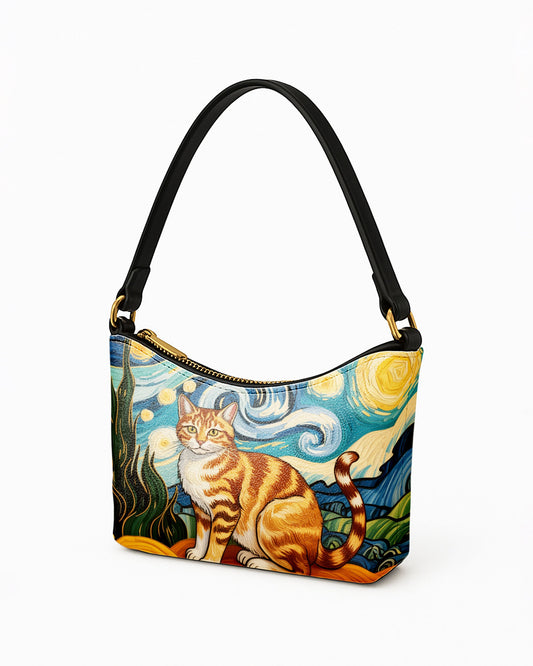RE:LEATHER Leather Baguette Bag Underarm Shoulder Bag in Starry Night With Colorful Cat 07