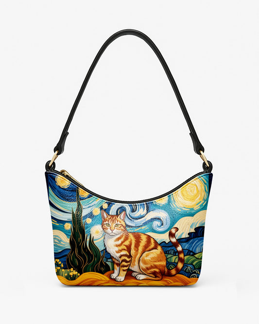 RE:LEATHER Leather Baguette Bag Underarm Shoulder Bag in Starry Night With Colorful Cat 07