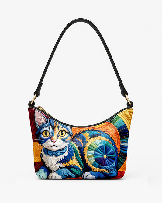 RE:LEATHER Leather Baguette Bag Underarm Shoulder Bag in Starry Night With Colorful Cat 01