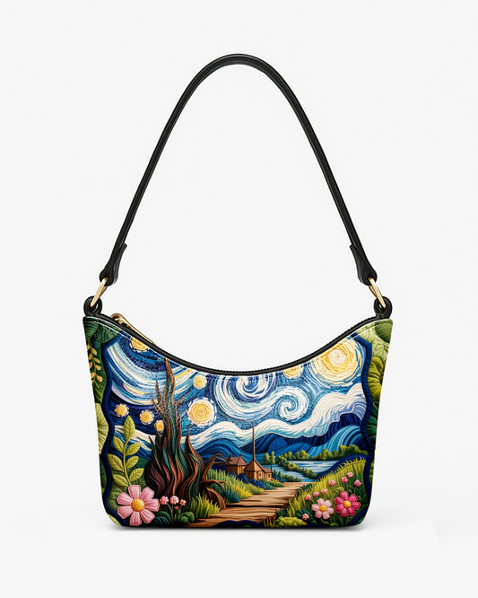 RE:LEATHER Leather Baguette Bag Underarm Shoulder Bag in Starry Night With Forest Flower Home