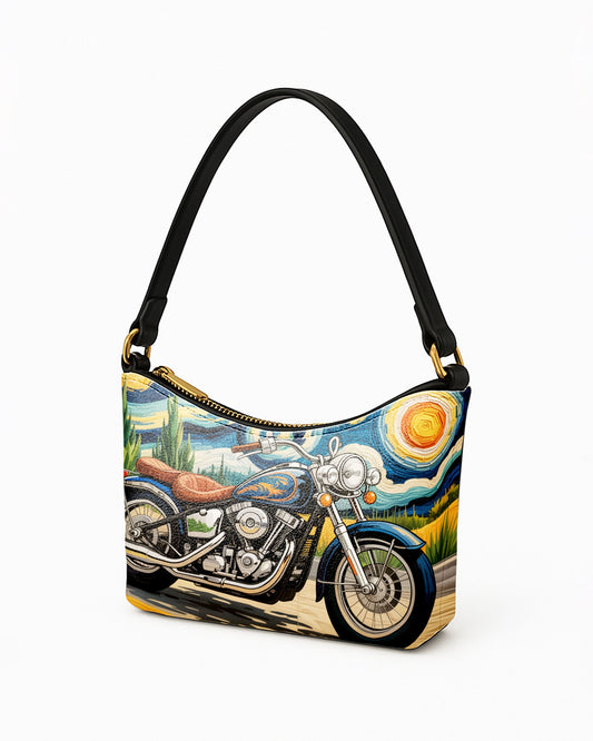 RE:LEATHER Leather Baguette Bag Underarm Shoulder Bag in Starry Night with Motorbike 01