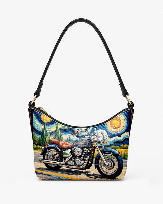 RE:LEATHER Leather Baguette Bag Underarm Shoulder Bag in Starry Night with Motorbike 01
