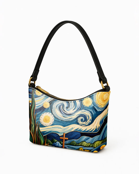 RE:LEATHER Leather Baguette Bag Underarm Shoulder Bag in Starry Night with The Cross 02