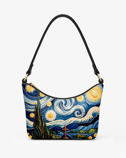 RE:LEATHER Leather Baguette Bag Underarm Shoulder Bag in Starry Night with The Cross 02