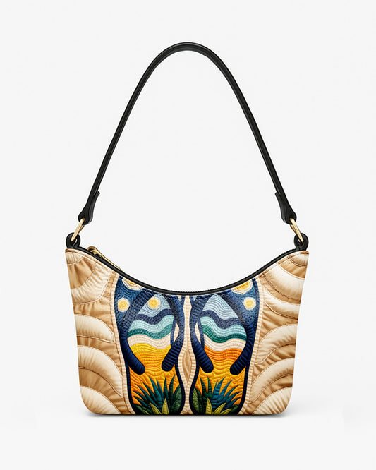 RE:LEATHER Leather Baguette Bag Underarm Shoulder Bag in Night Flip Flops Slippes Sandal on Beach