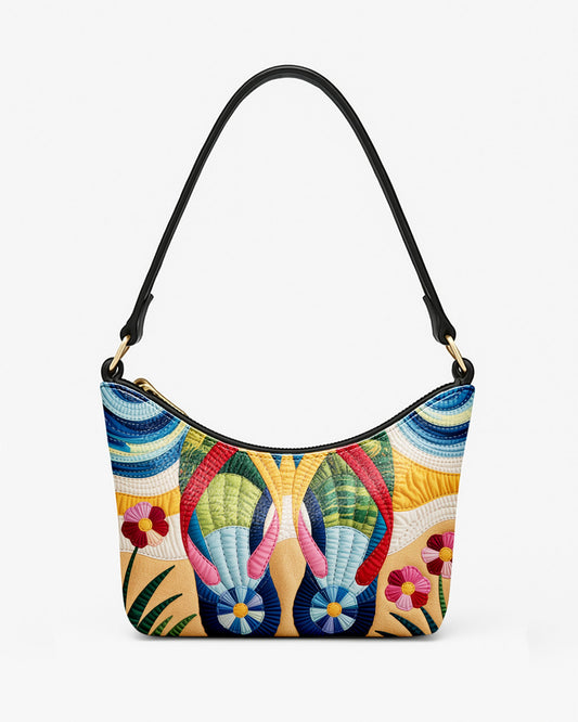 RE:LEATHER Leather Baguette Bag Underarm Shoulder Bag in Flower Flip Flops Slippes Sandal on Beach