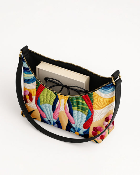 RE:LEATHER Leather Baguette Bag Underarm Shoulder Bag in Flower Flip Flops Slippes Sandal on Beach