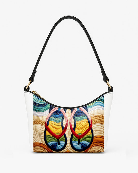RE:LEATHER Leather Baguette Bag Underarm Shoulder Bag in Rainbow Flip Flops Slippes Sandal on Beach