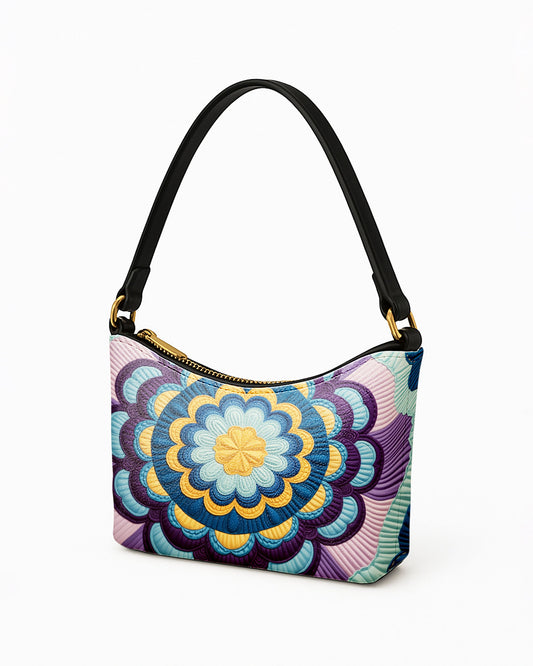 RE:LEATHER Leather Baguette Bag Underarm Shoulder Bag in Pastel Purple Flower Mandala