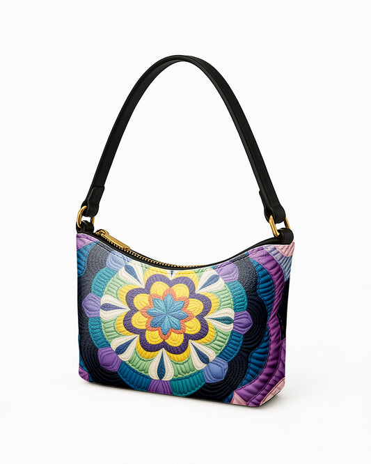 RE:LEATHER Leather Baguette Bag Underarm Shoulder Bag in Purple Flower Mandala