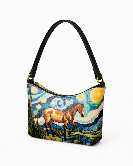 RE:LEATHER Leather Baguette Bag Underarm Shoulder Bag in Starry Night with Horse 02
