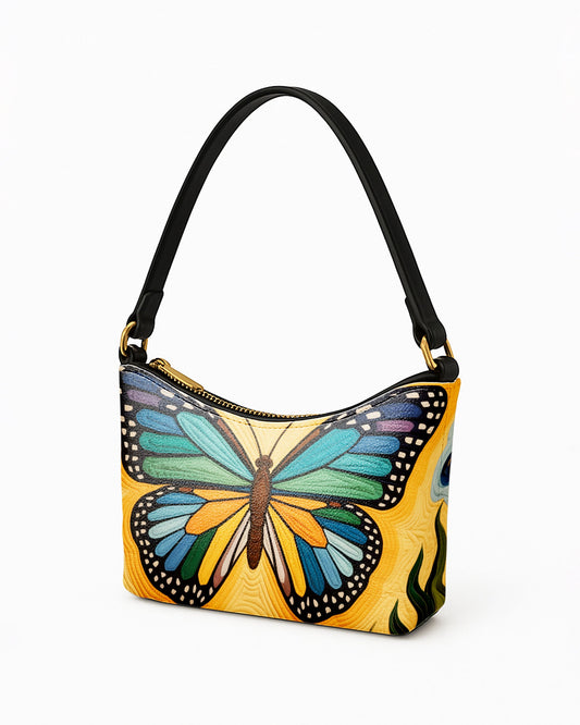 RE:LEATHER Leather Baguette Bag Underarm Shoulder Bag in Colorful Leaf with Butterfly 02
