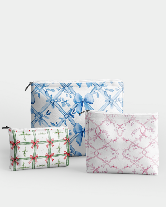 Set of 3 - RE:POUCH Flat Zipper Pouch for Makeup Bag in Pastel Ribbons