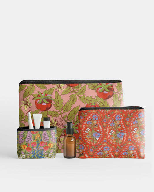 Set of 3 - RE:POUCH Flat Zipper Pouch for Makeup Bag in Vintage Flower and Fruit on Red