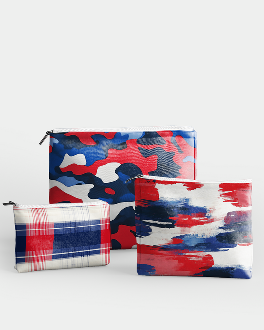 Set of 3 - RE:POUCH Flat Zipper Pouch for Makeup Bag in Red Blue Camo