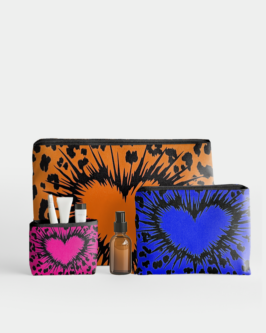Set of 3 - RE:POUCH Flat Zipper Pouch for Makeup Bag in Wild Hearts