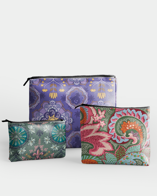 Set of 3 - RE:POUCH Flat Zipper Pouch for Makeup Bag in Bohemia Flower and Tropical Leaf