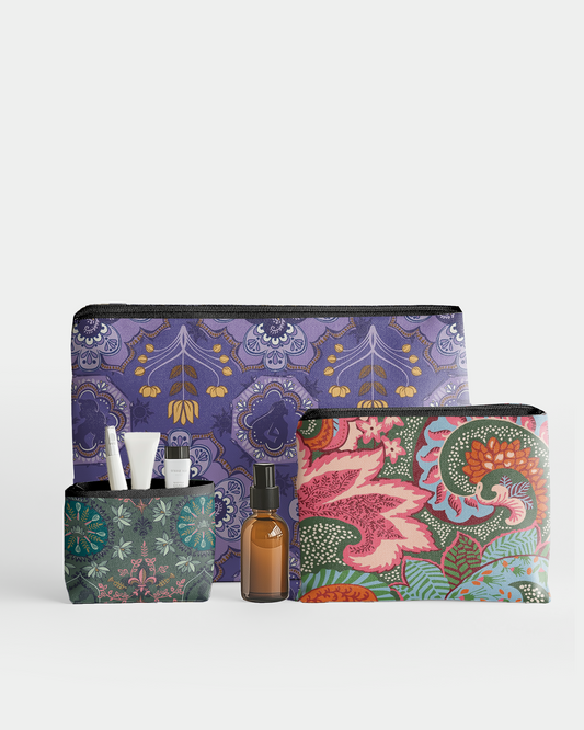 Set of 3 - RE:POUCH Flat Zipper Pouch for Makeup Bag in Bohemia Flower and Tropical Leaf