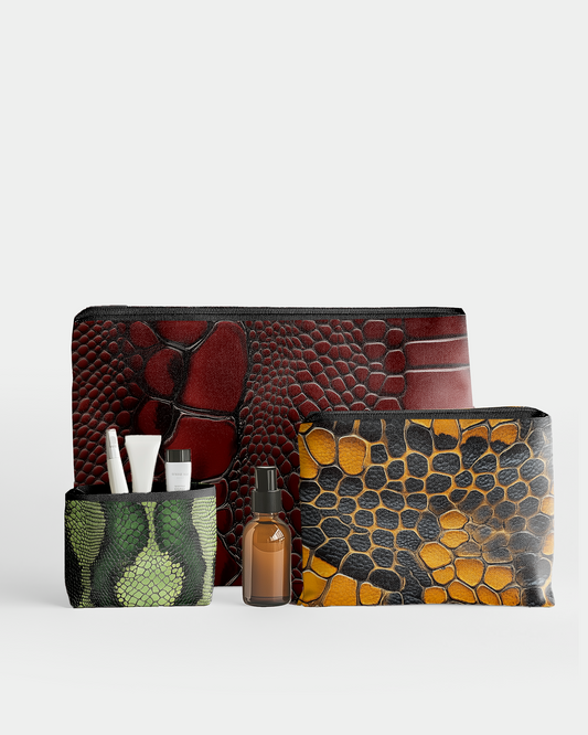 Set of 3 - RE:POUCH Flat Zipper Pouch for Makeup Bag in Snake Skin
