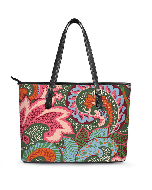 RE:LEATHER Leather Saddle Shoulder Bag with Top Handle Casual Tote Bag in Colorful Bohemia Vintage Leaf Tropical