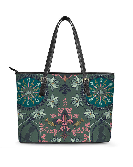 RE:LEATHER Leather Saddle Shoulder Bag with Top Handle Casual Tote Bag in Dark Green Flower Bohemia Partten