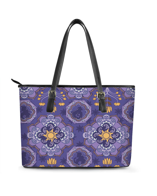 RE:LEATHER Leather Saddle Shoulder Bag with Top Handle Casual Tote Bag in Purple Yellow Bohemia Flower