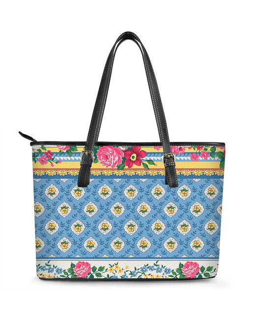 RE:LEATHER Leather Saddle Shoulder Bag with Top Handle Casual Tote Bag in Tiny Flower Yellow on Blue