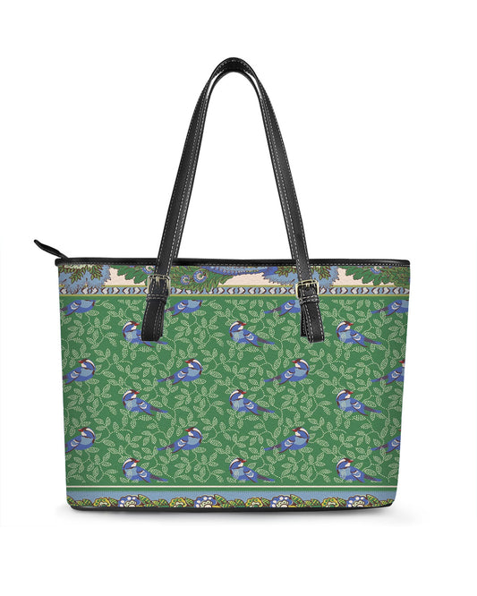 RE:LEATHER Leather Saddle Shoulder Bag with Top Handle Casual Tote Bag in Vintage Green Leaf and Blue Bird