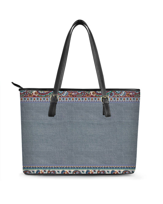 RE:LEATHER Leather Saddle Shoulder Bag with Top Handle Casual Tote Bag in Bohemia Flower Vintage on Gray