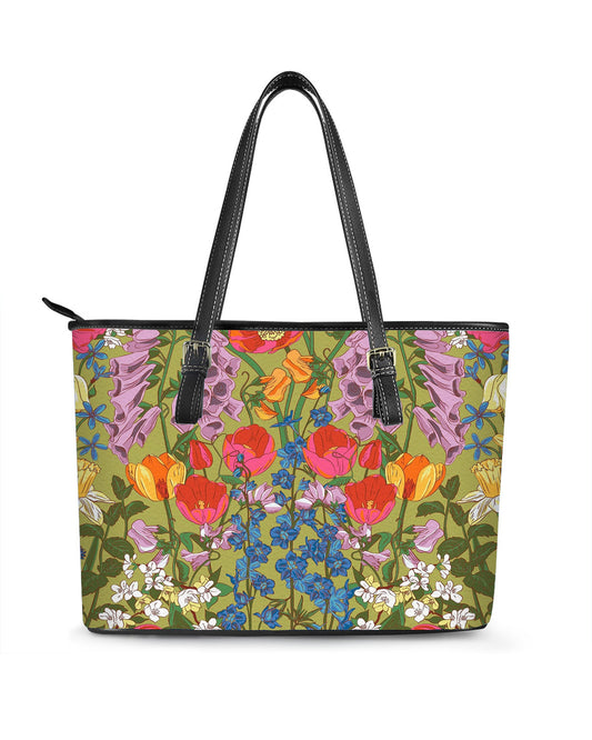 RE:LEATHER Leather Saddle Shoulder Bag with Top Handle Casual Tote Bag in Flower Garden Tulip Colorful