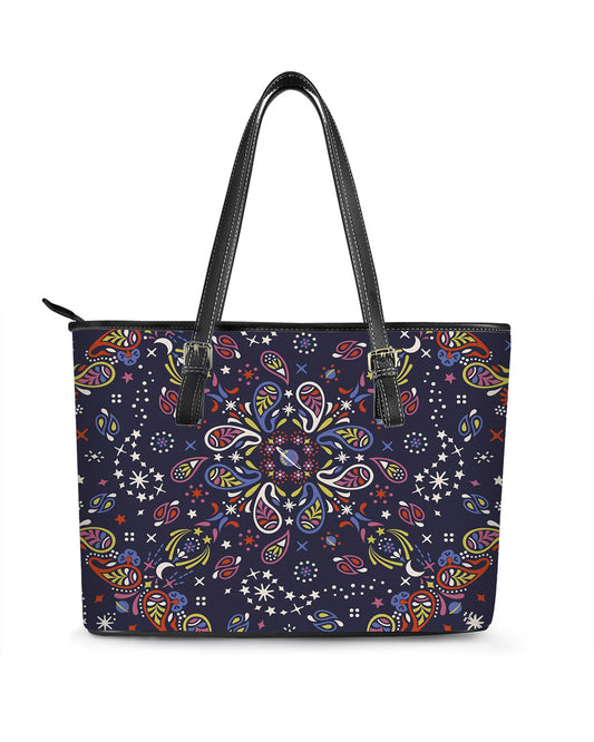 RE:LEATHER Leather Saddle Shoulder Bag with Top Handle Casual Tote Bag in Purple Bohemia Flower