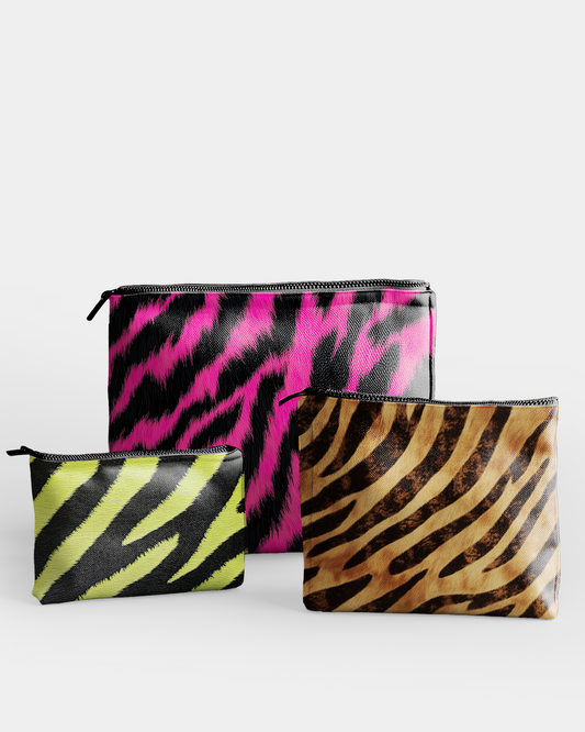 Set of 3 - RE:POUCH Flat Zipper Pouch for Makeup Bag in Zebra Stripes