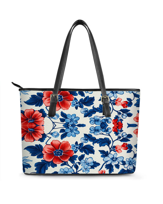 RE:LEATHER Leather Saddle Shoulder Bag with Top Handle Casual Tote Bag in Flower Blue and Red