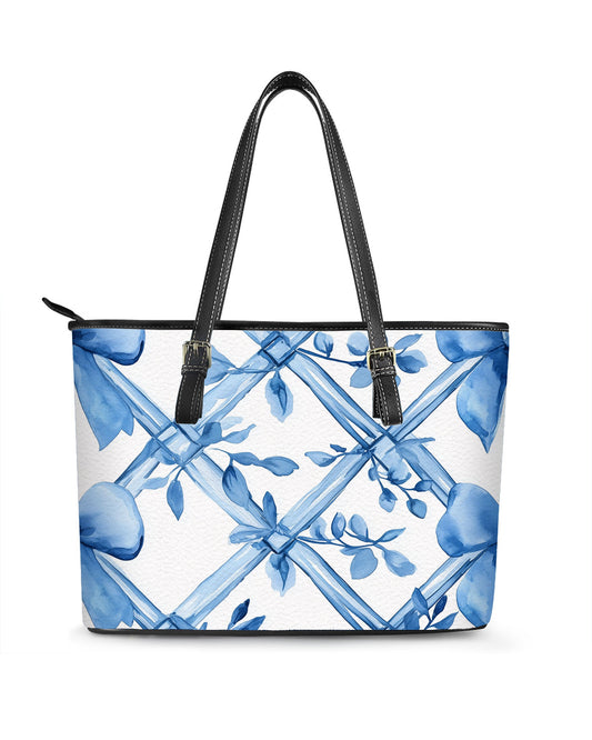 RE:LEATHER Leather Saddle Shoulder Bag with Top Handle Casual Tote Bag in Watercolor Blue and Bow