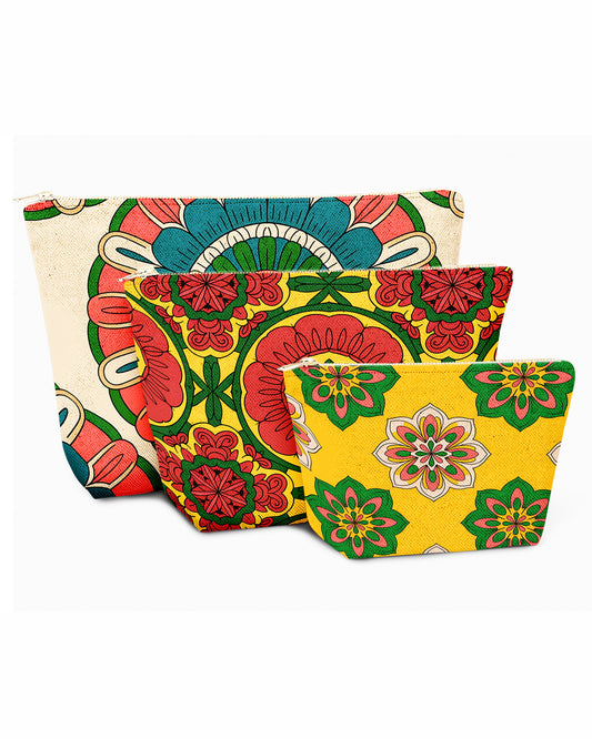 Set of 3 - REPOUCH Essential Zipper Pouch for Makeup Bag in Bohemian Mandala Vintage Colorful Flower 21