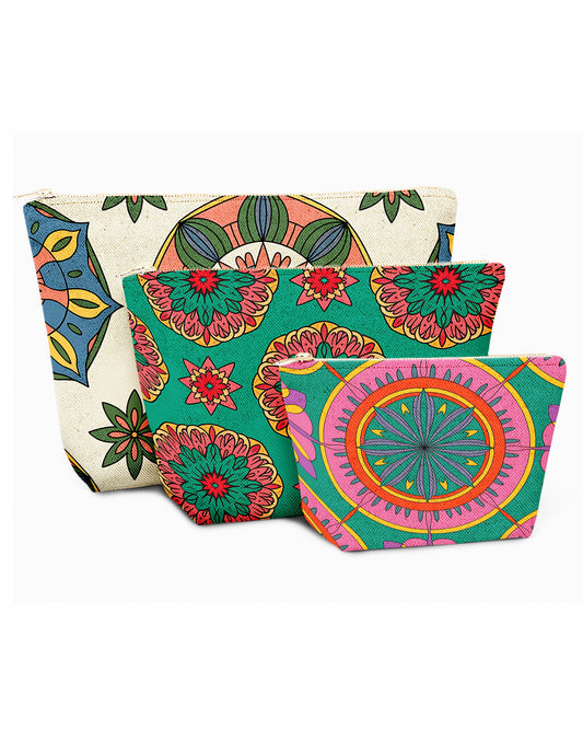Set of 3 - REPOUCH Essential Zipper Pouch for Makeup Bag in Bohemian Mandala Vintage Colorful Flower 22
