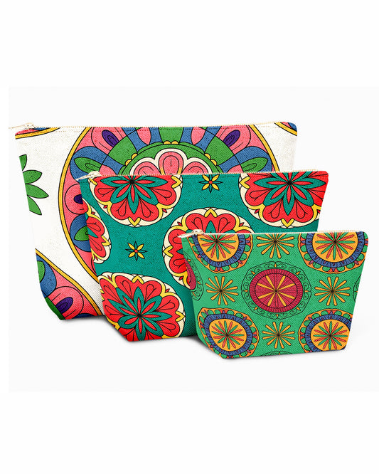 Set of 3 - REPOUCH Essential Zipper Pouch for Makeup Bag in Bohemian Mandala Vintage Colorful Flower 01