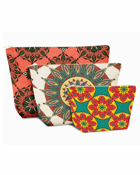 Set of 3 - REPOUCH Essential Zipper Pouch for Makeup Bag in Bohemian Mandala Vintage Colorful Flower 29