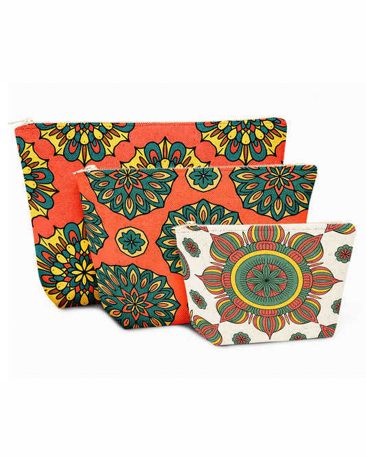 Set of 3 - REPOUCH Essential Zipper Pouch for Makeup Bag in Bohemian Mandala Vintage Colorful Flower 27