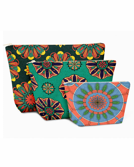 Set of 3 - REPOUCH Essential Zipper Pouch for Makeup Bag in Bohemian Mandala Vintage Colorful Flower 26