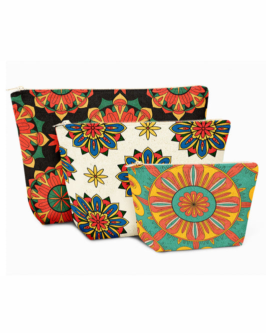Set of 3 - REPOUCH Essential Zipper Pouch for Makeup Bag in Bohemian Mandala Vintage Colorful Flower 12
