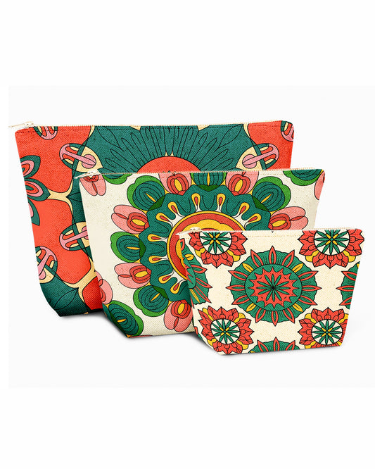 Set of 3 - REPOUCH Essential Zipper Pouch for Makeup Bag in Bohemian Mandala Vintage Colorful Flower 11