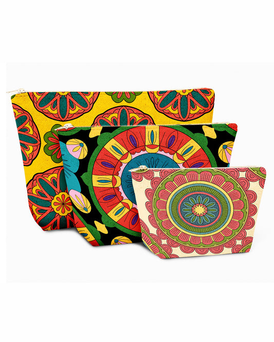 Set of 3 - REPOUCH Essential Zipper Pouch for Makeup Bag in Bohemian Mandala Vintage Colorful Flower 10