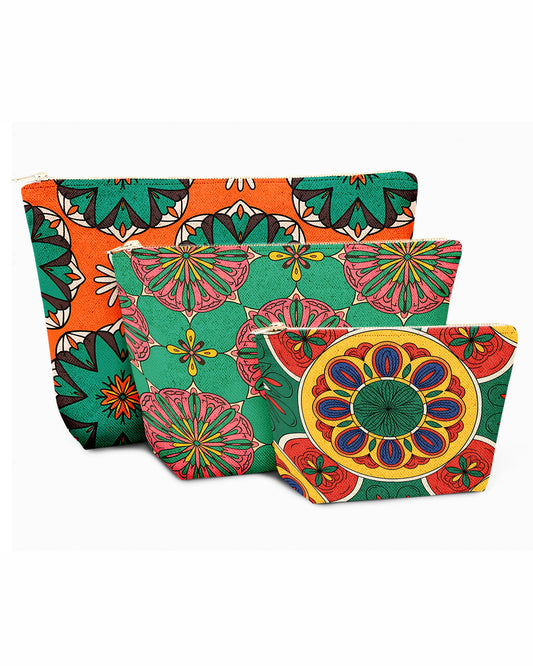 Set of 3 - REPOUCH Essential Zipper Pouch for Makeup Bag in Bohemian Mandala Vintage Colorful Flower 06