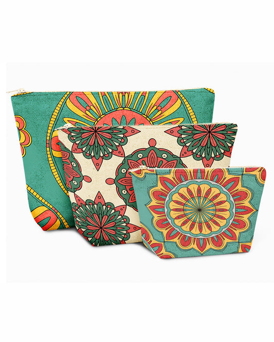 Set of 3 - REPOUCH Essential Zipper Pouch for Makeup Bag in Bohemian Mandala Vintage Colorful Flower 05